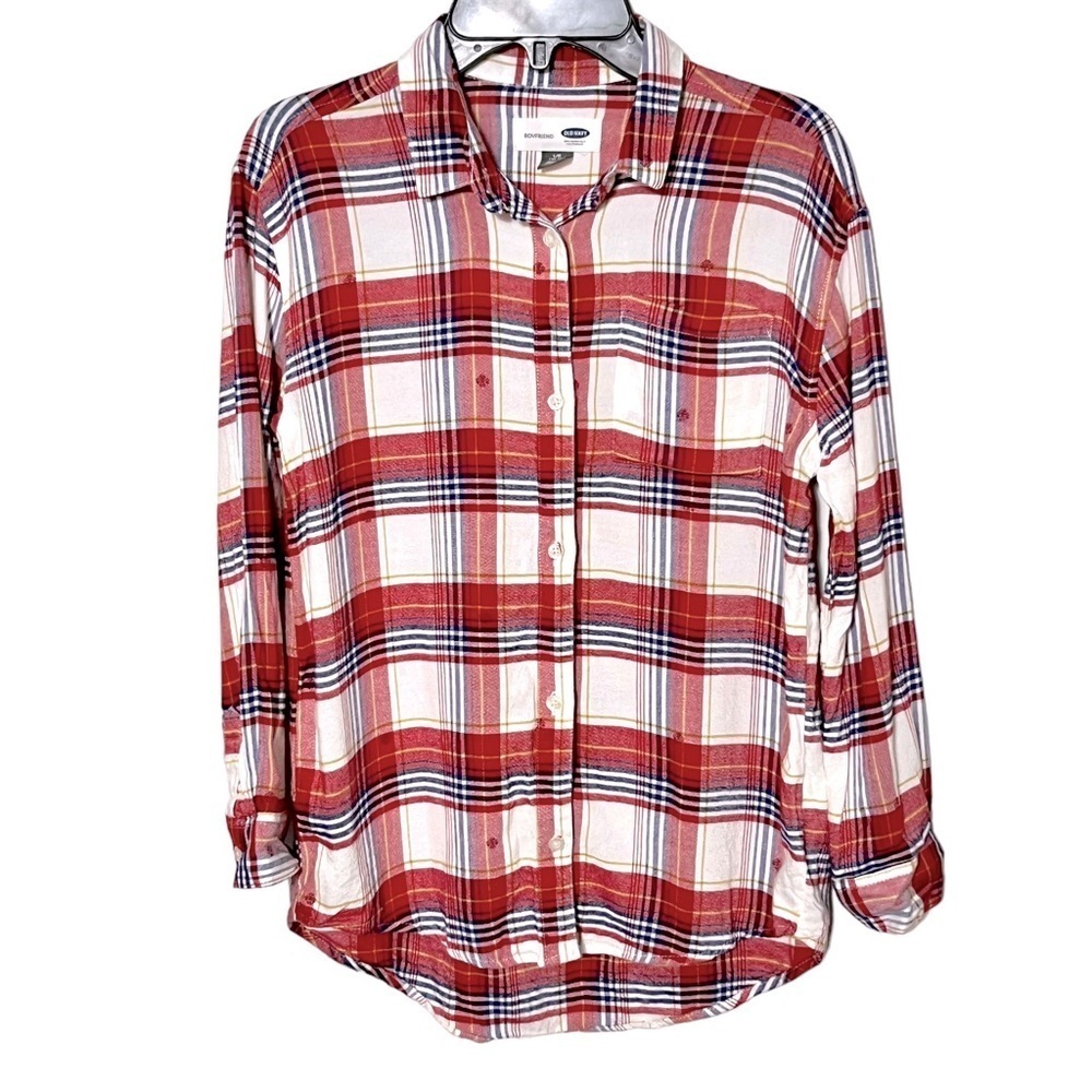 Old Navy Plaid Boyfriend Fit Button Down Size Large or 10/12 Red/White/Blue
